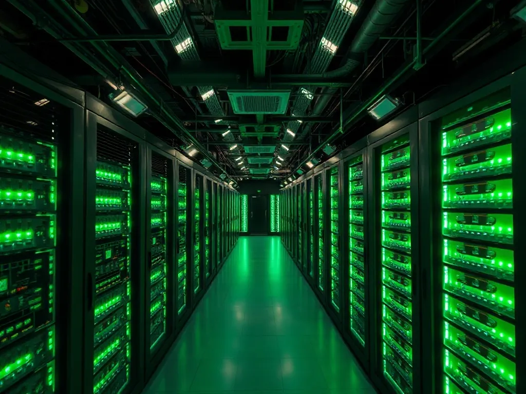 High-tech server room with glowing green lights, industrial